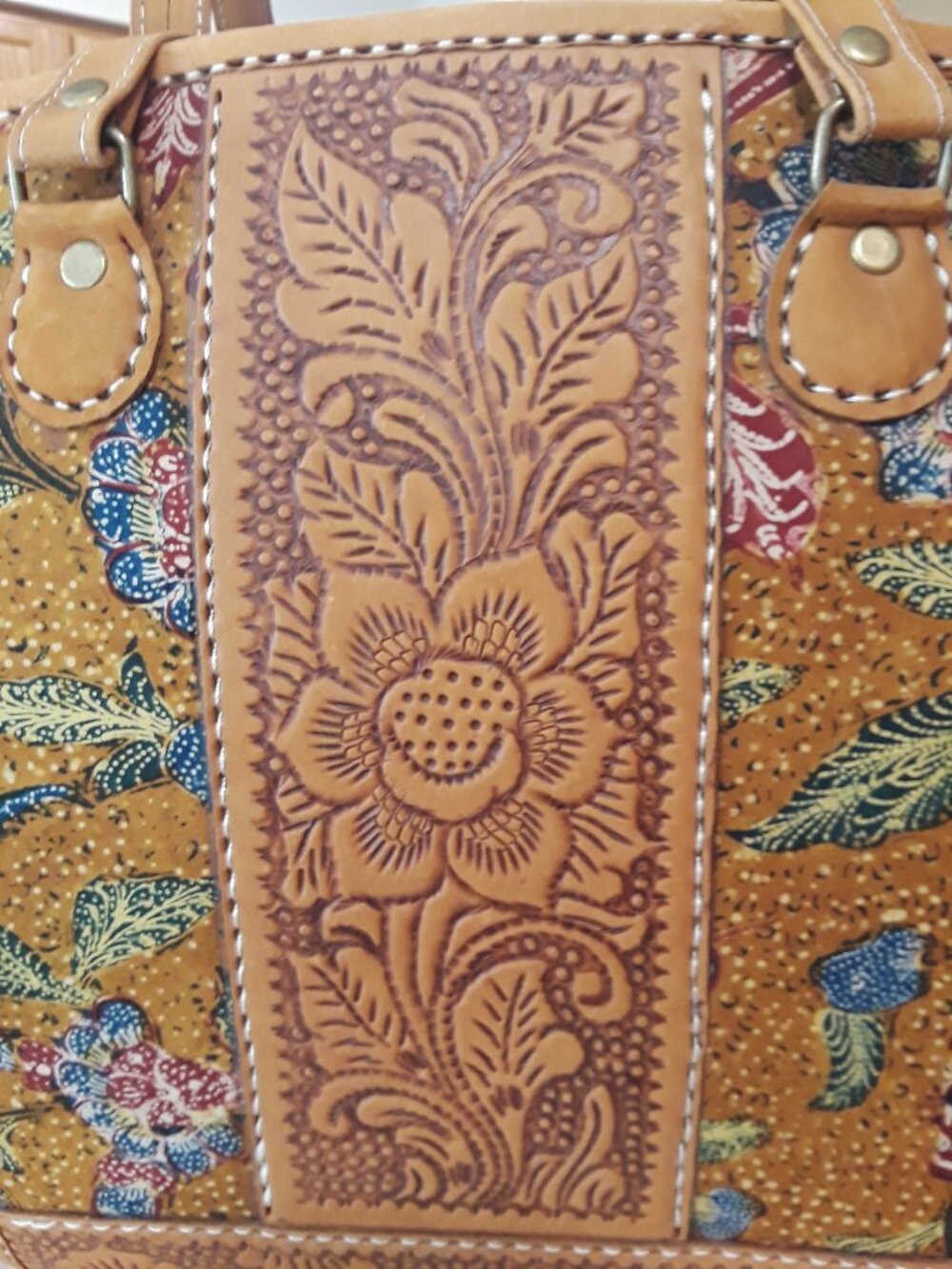 Shoulder Bag Leather Hand Tooled/Painted Floral Suede Lined Boho Vintage Tote - Picture 7 of 16